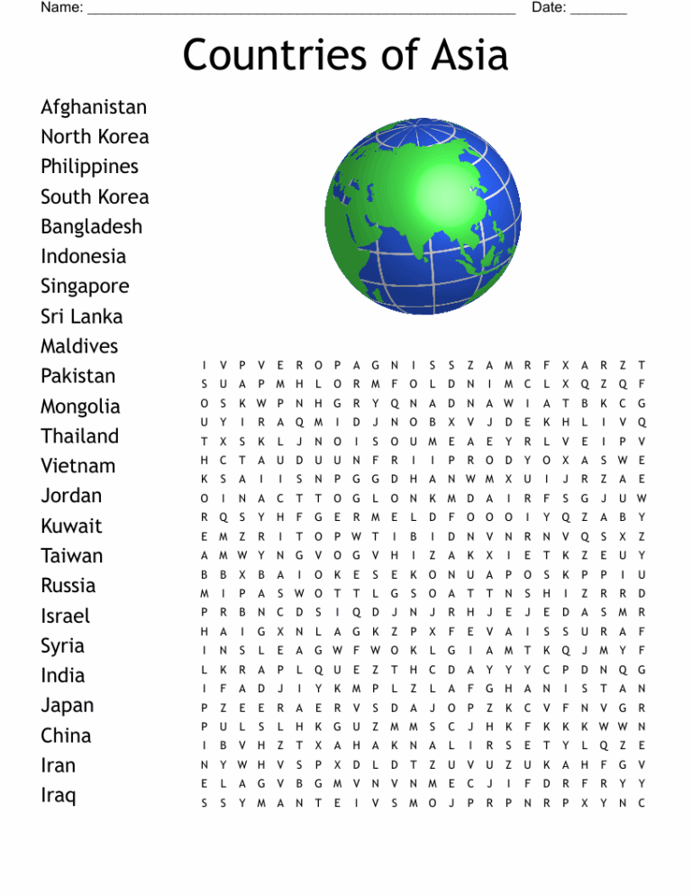 Countries Of Asia Word Search WordMint