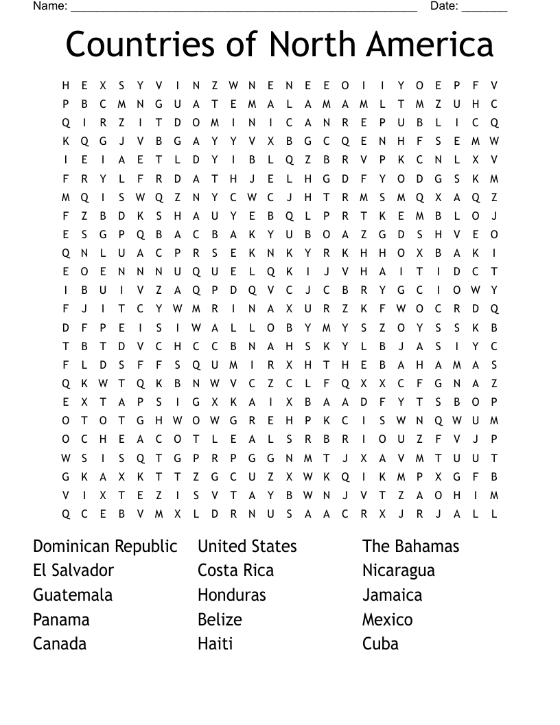 Countries Of North America Word Search WordMint