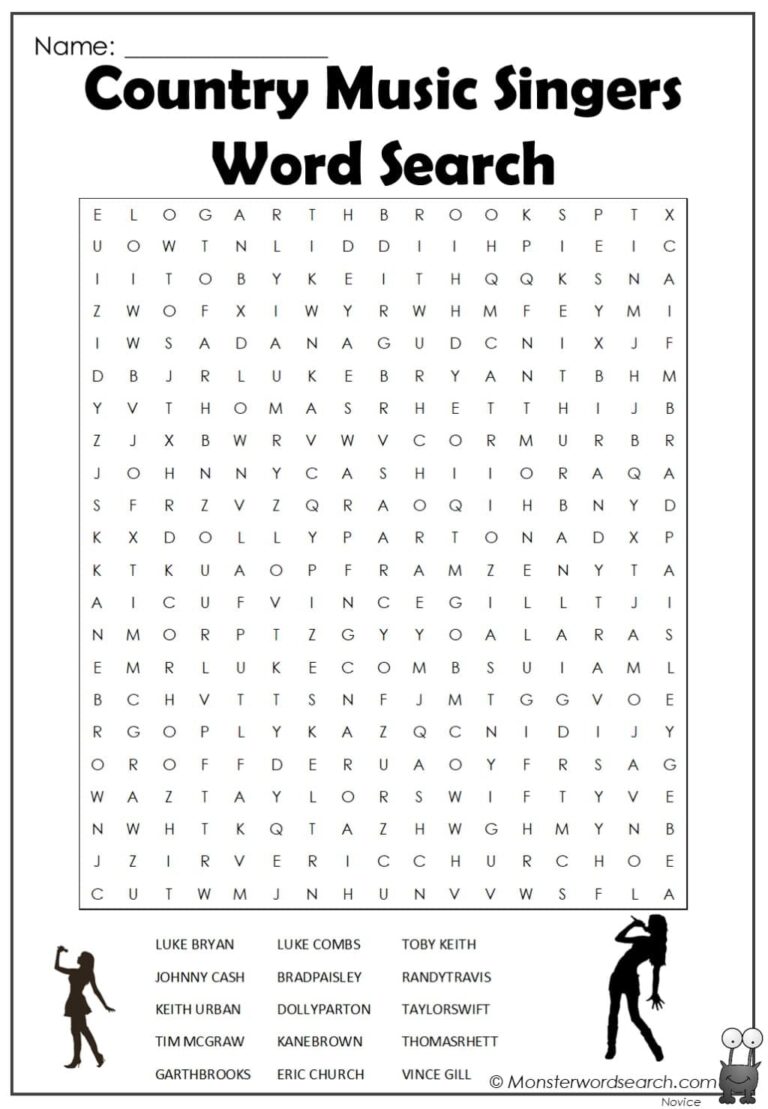 Country Music Singers Word Search Monster Word Search