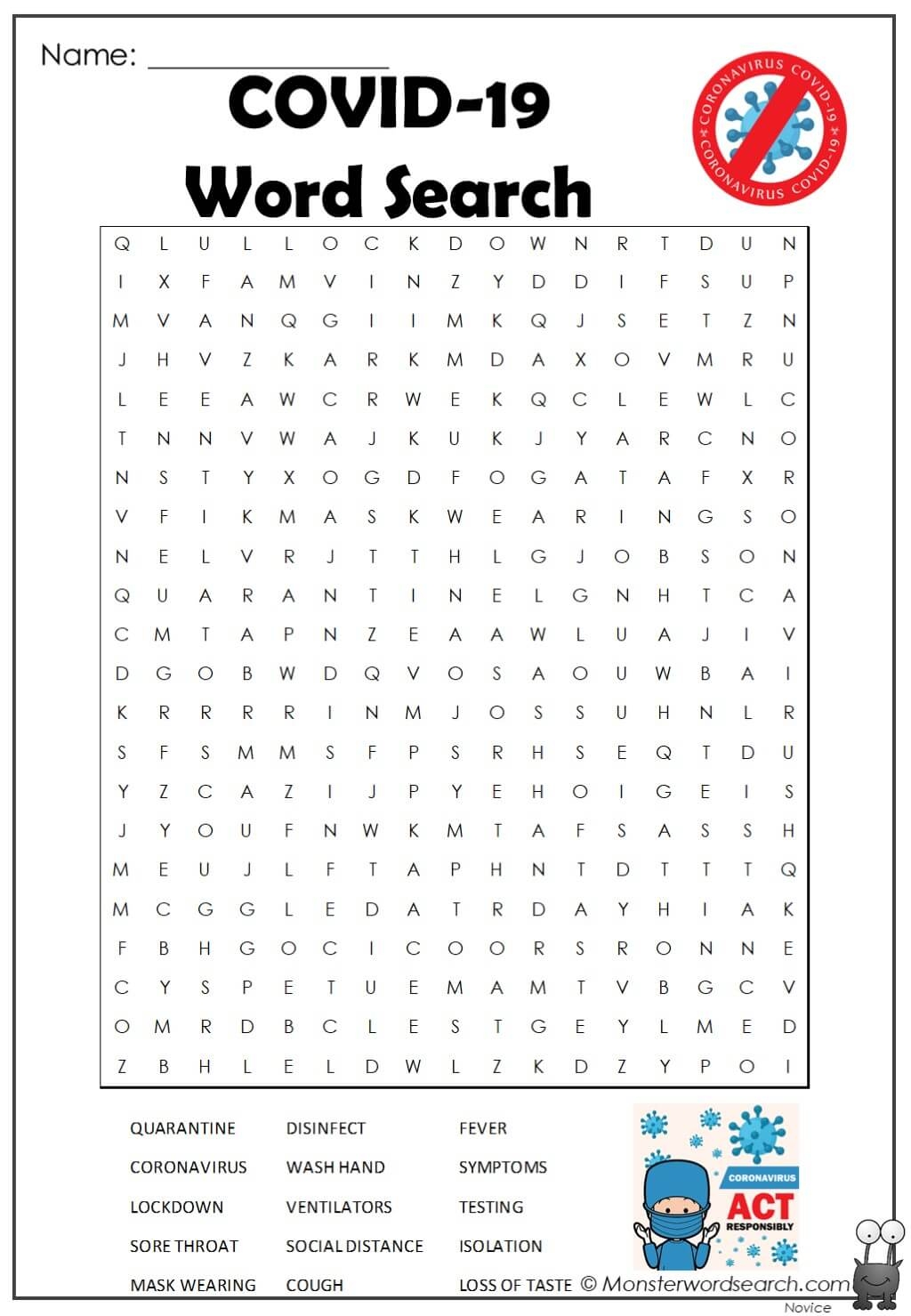 Covid 19 Word Search Monster Word Search