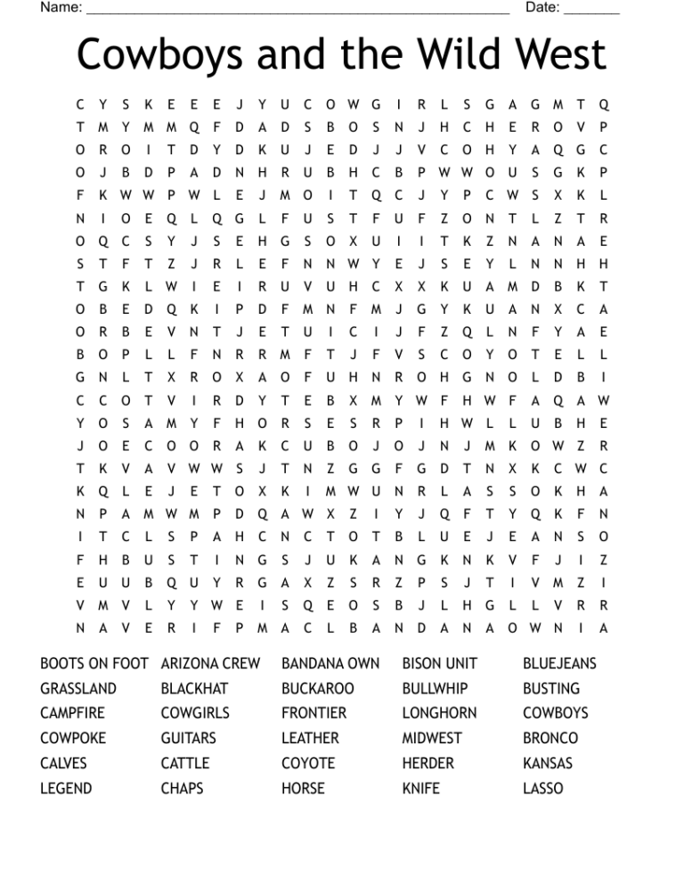 Cowboys And The Wild West Word Search WordMint