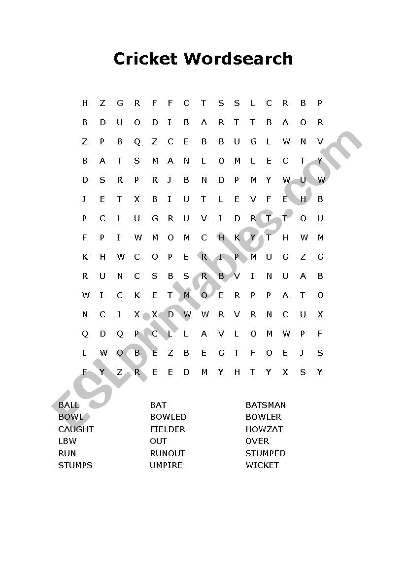 Cricket Wordsearch ESL Worksheet By Mr Raffles