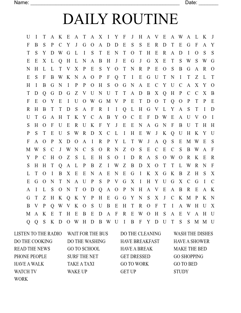 DAILY ROUTINES Word Search WordMint
