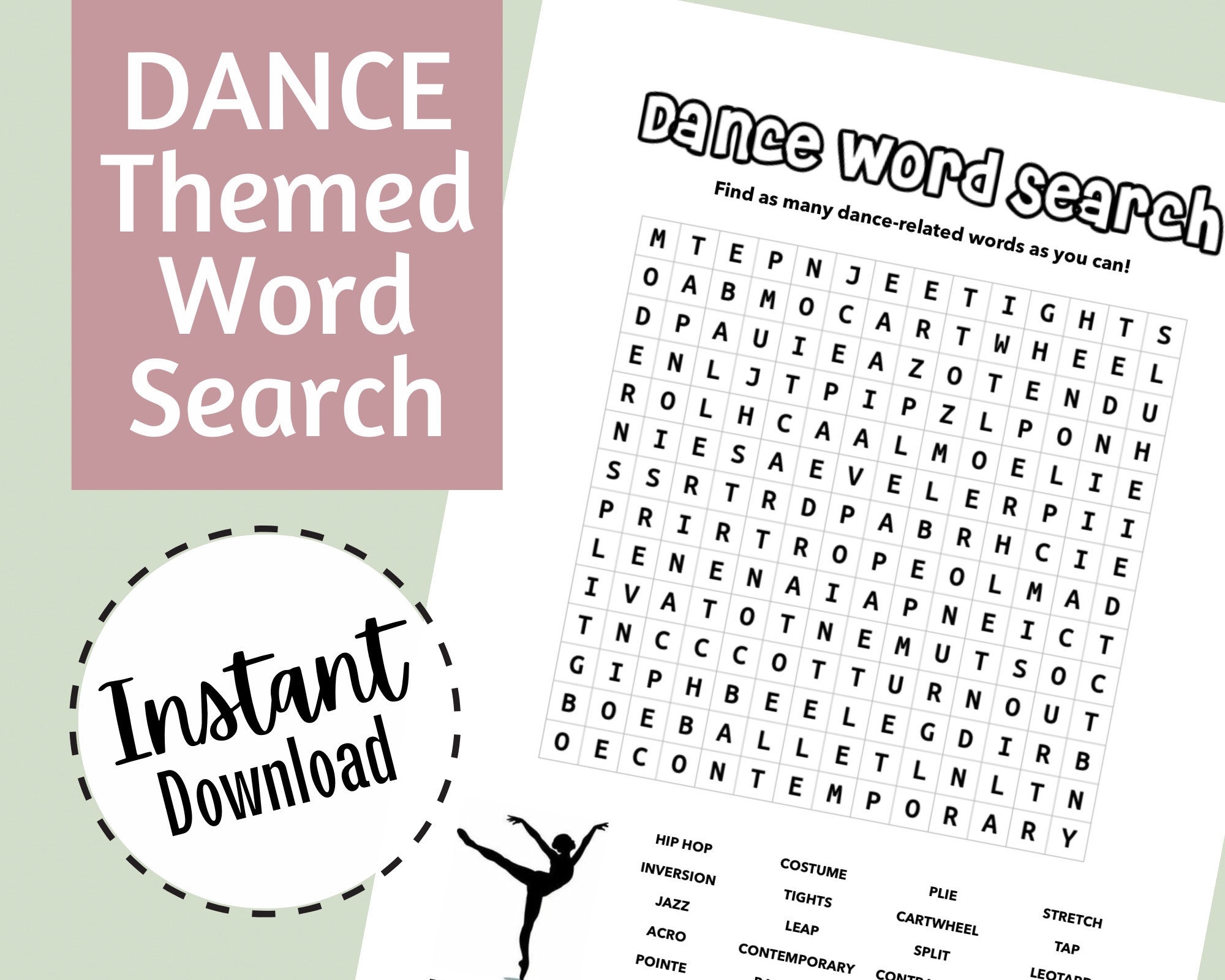 Dance themed Word Search Instant Download Printable Worksheet For Dance Teacher Etsy