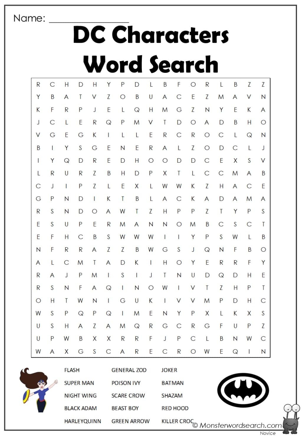 Dc Characters Word Search Monster Word Search
