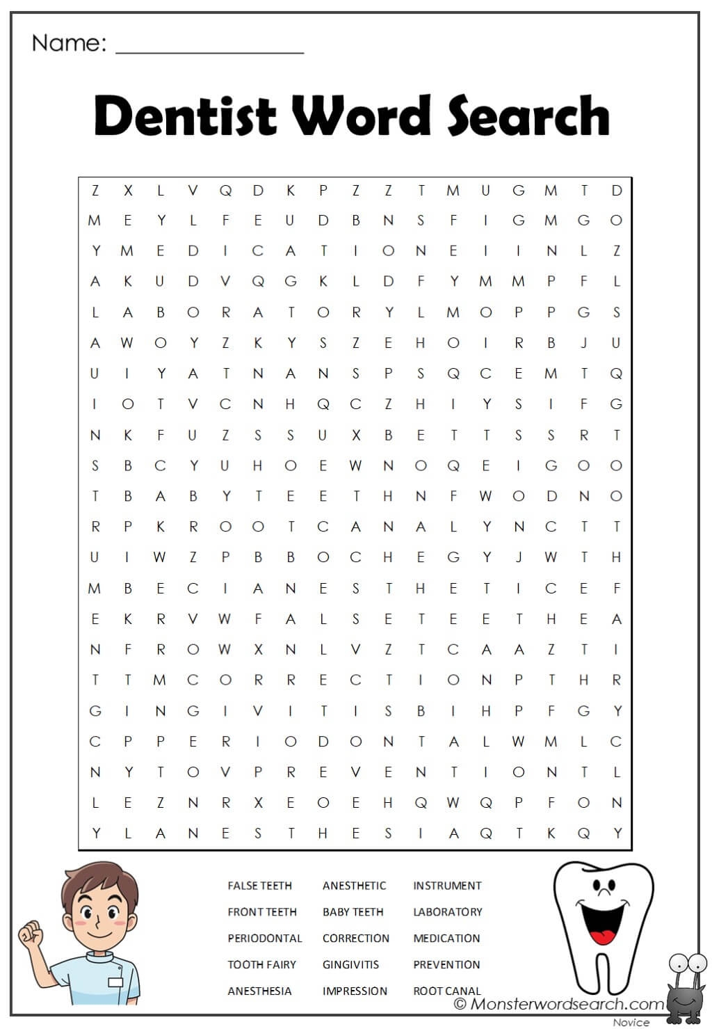 Dentist Word Search Monster Word Search