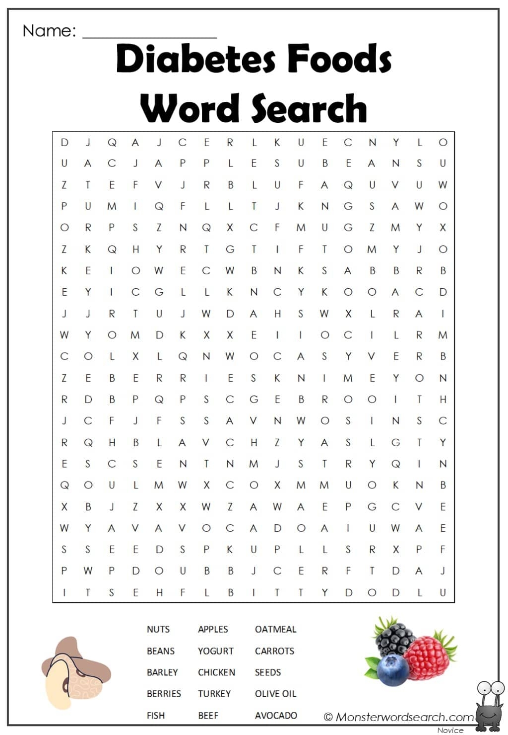 Diabetes Foods Word Search Monster Word Search