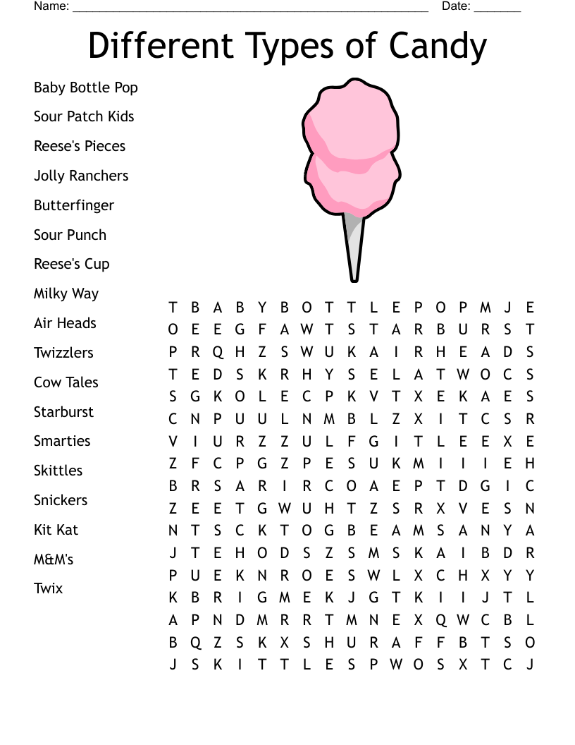 Different Types Of Candy Word Search WordMint