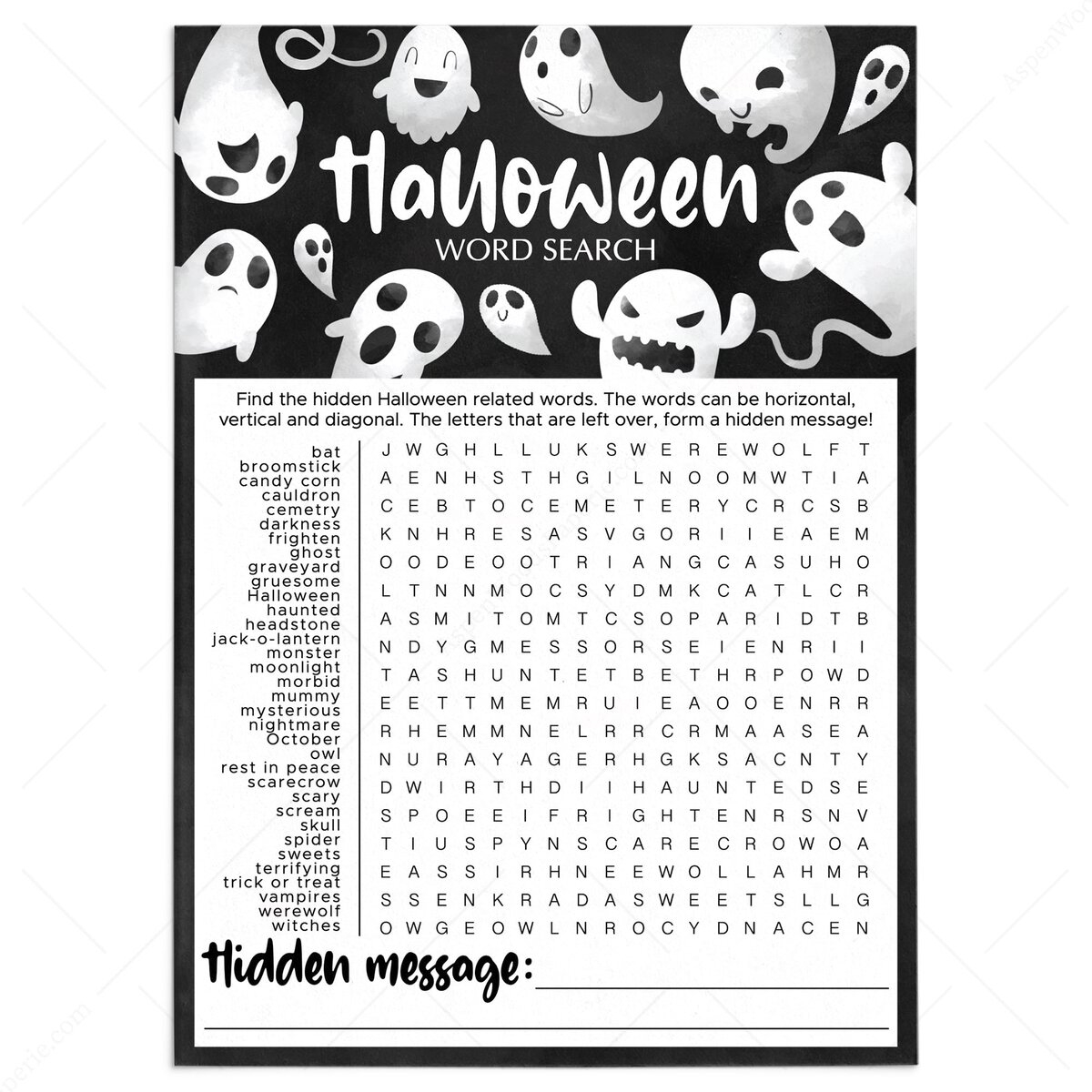 Difficult Halloween Word Search Printable Game Instant Download