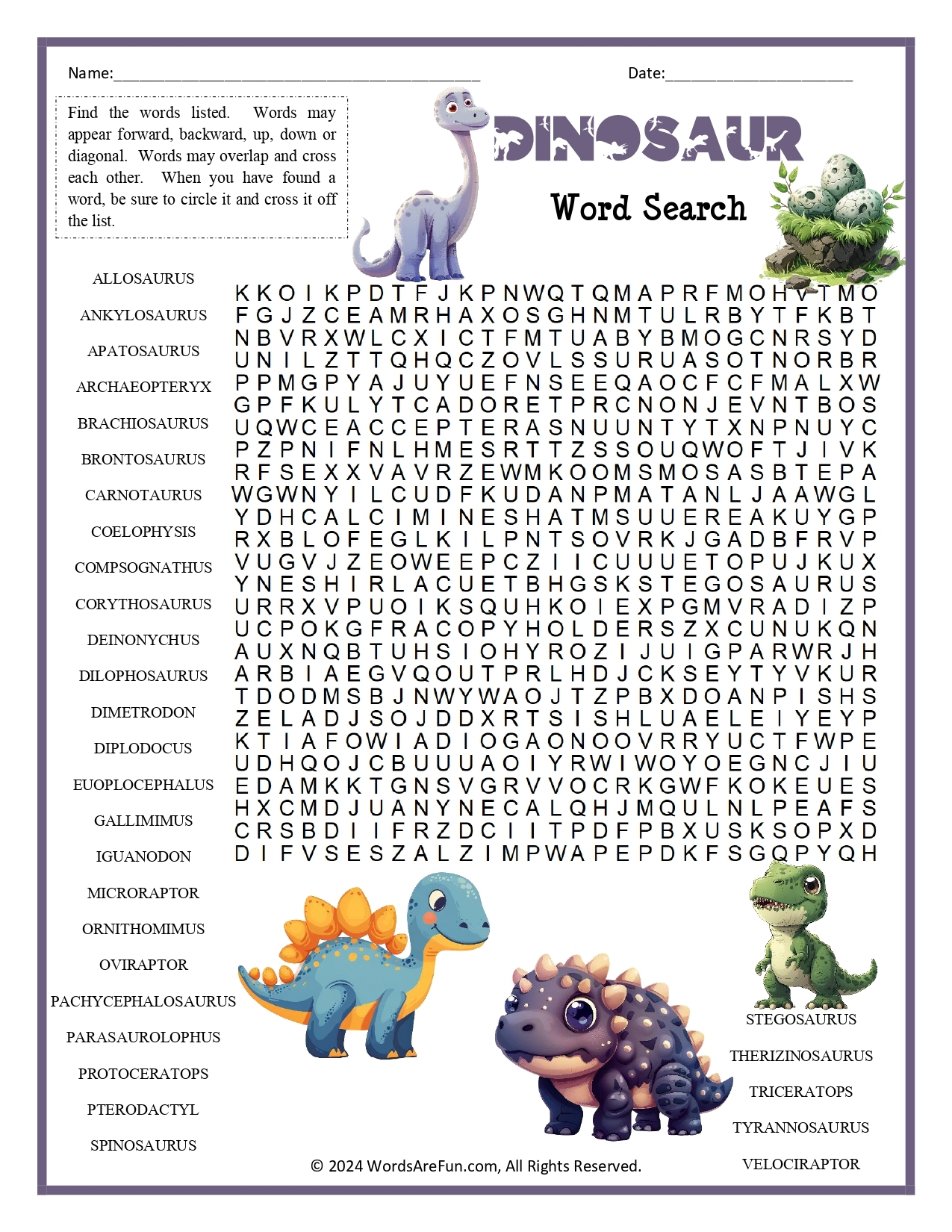 Dinosaur Word Search For Kids