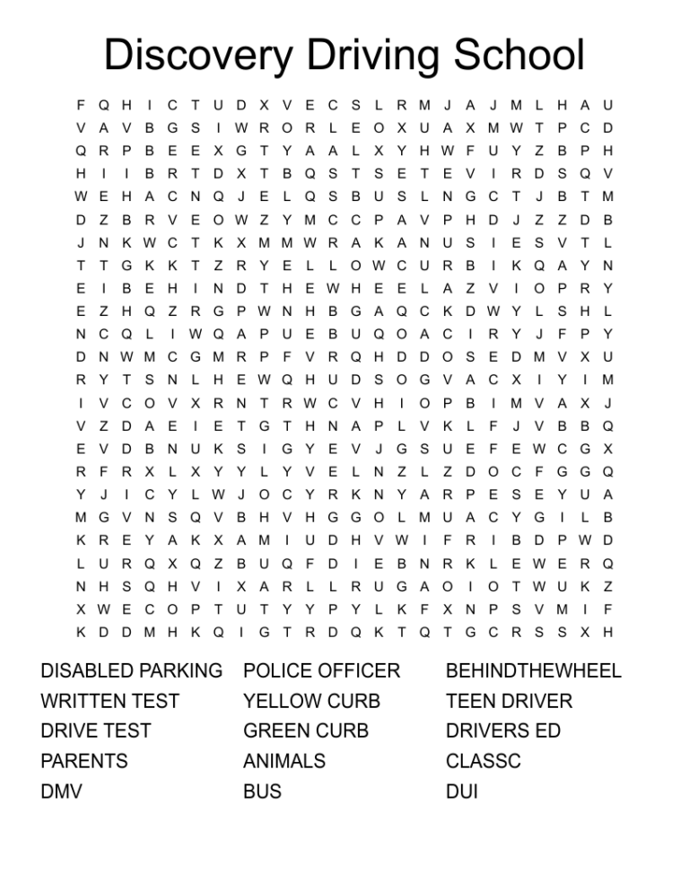 Discovery Driving School Word Search WordMint