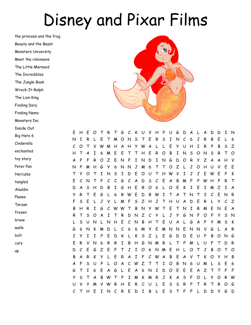 Disney And Pixar Films Word Search WordMint