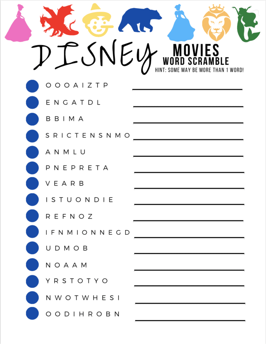 Disney Character Word Scramble Activity Pages Free Printable