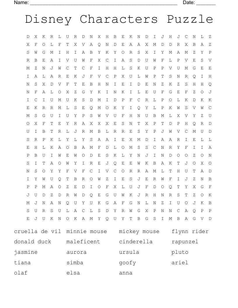 Disney Characters Hard Word Search WordMint