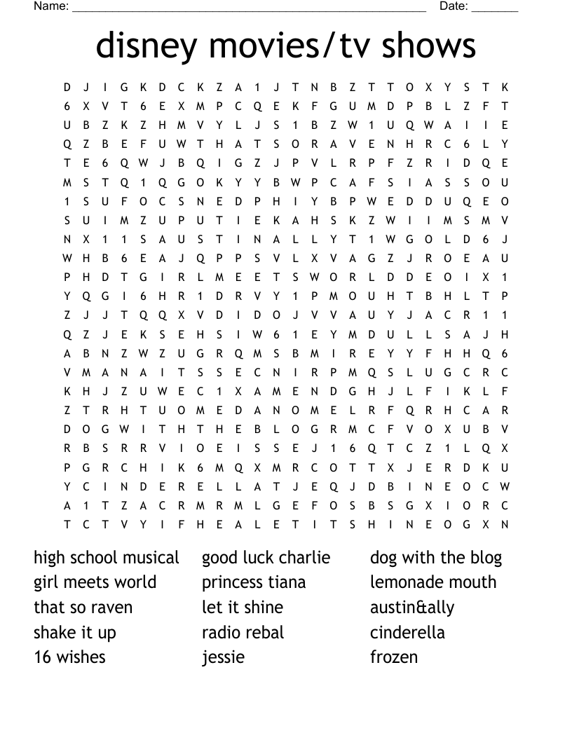Disney Movies tv Shows Word Search WordMint Disney Movies tv Shows Word Search WordMint