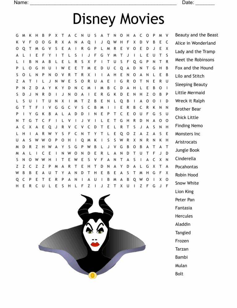 Disney Movies Word Search WordMint