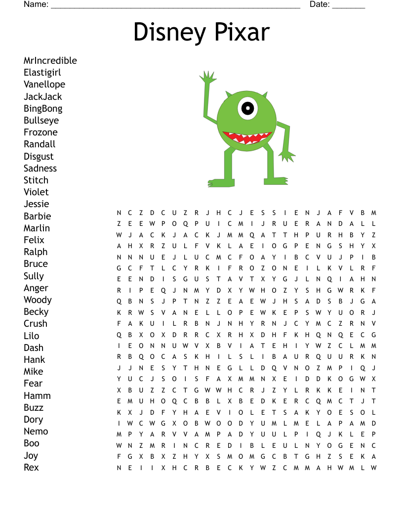 Disney Pixar Word Search WordMint