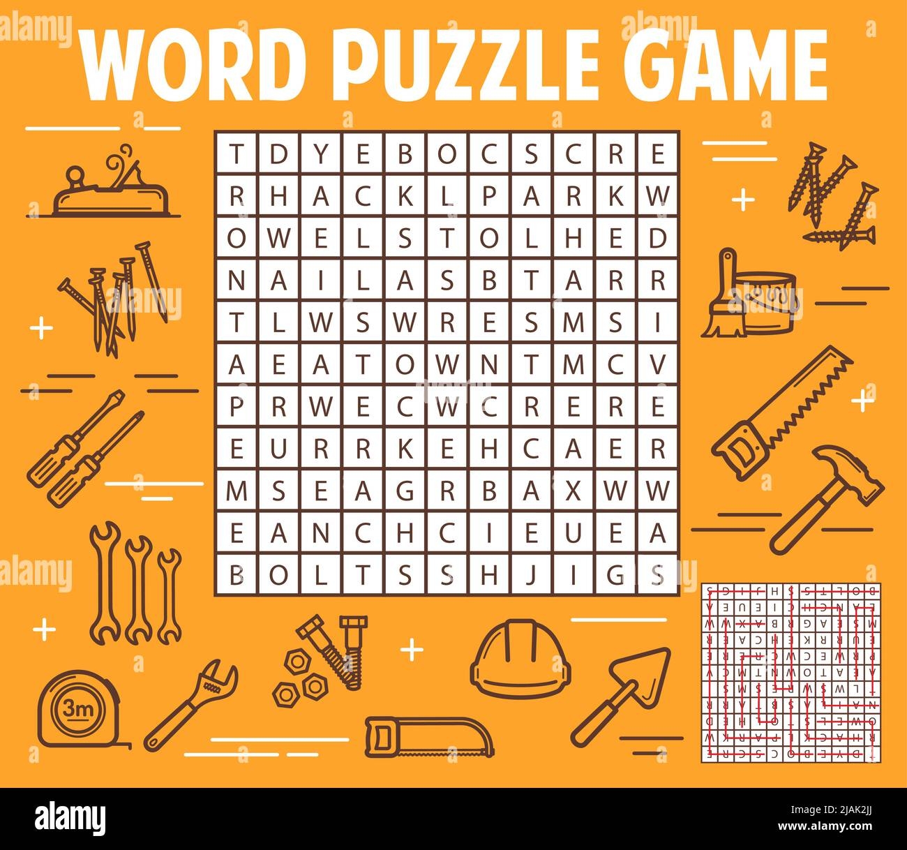 DIY And Construction Tools Word Search Puzzle Game Worksheet Child Quiz Grid Logical Puzzle Or Children Game With Thin Line Vector Construction Equipment Finding Words Kids Educational Riddle Stock Vector Image U0026