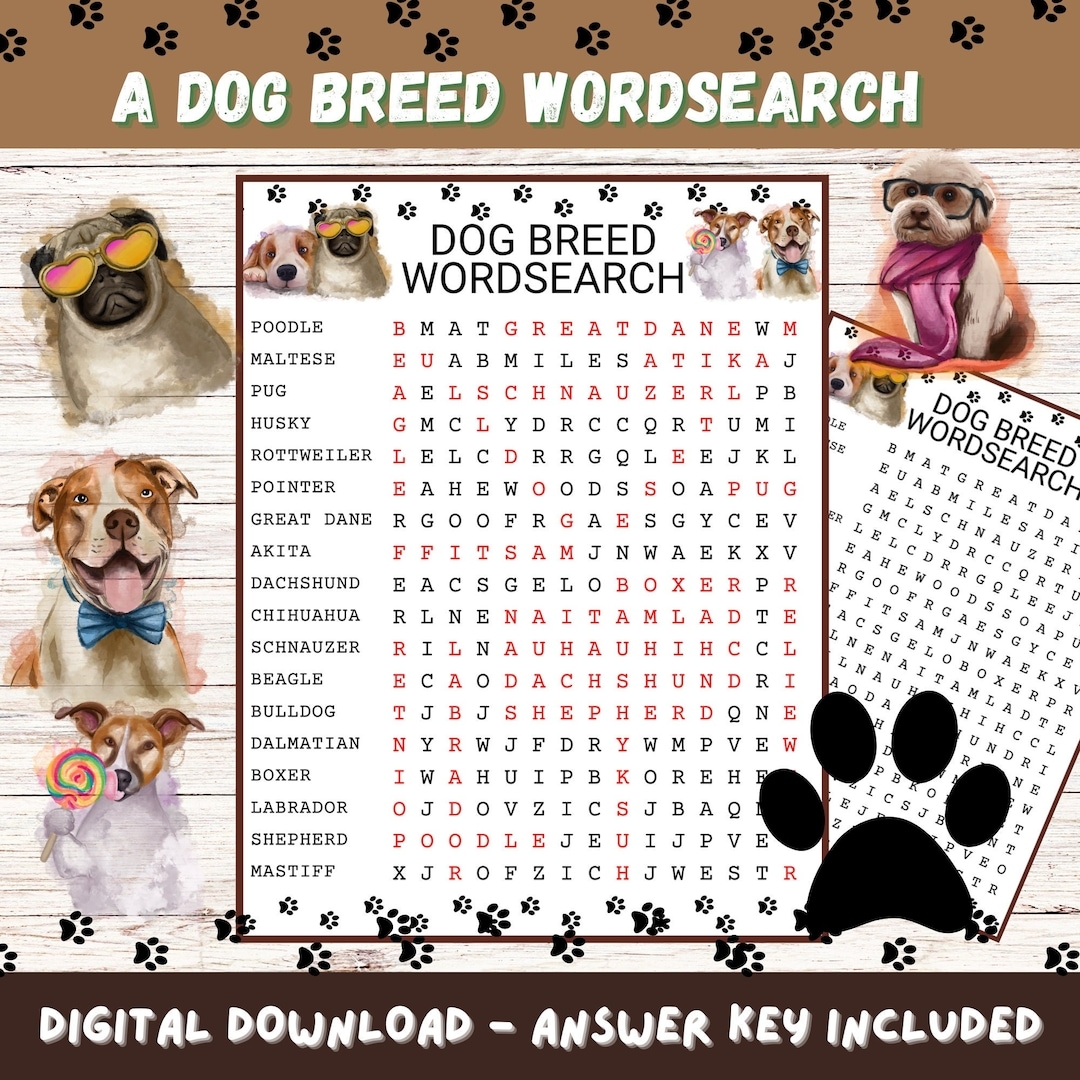 Dog Breed Wordsearch Printable With Answers Fun Game Dog Game Wordsearch Activity Etsy