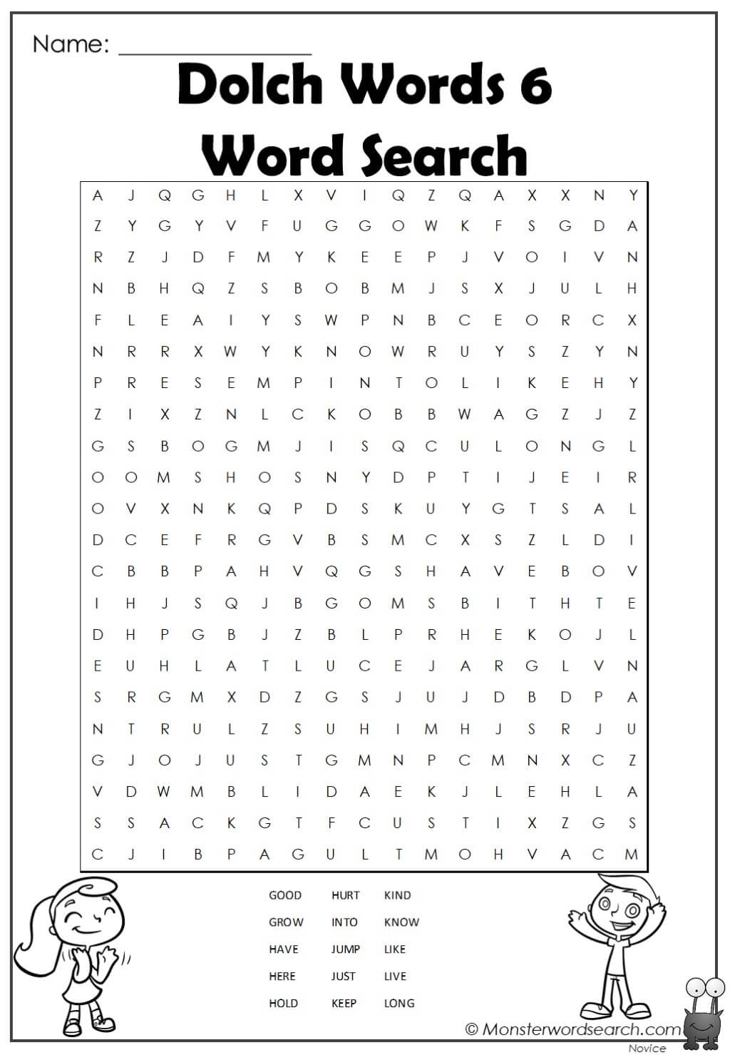 Dolch Words 6 Word Search Monster Word Search