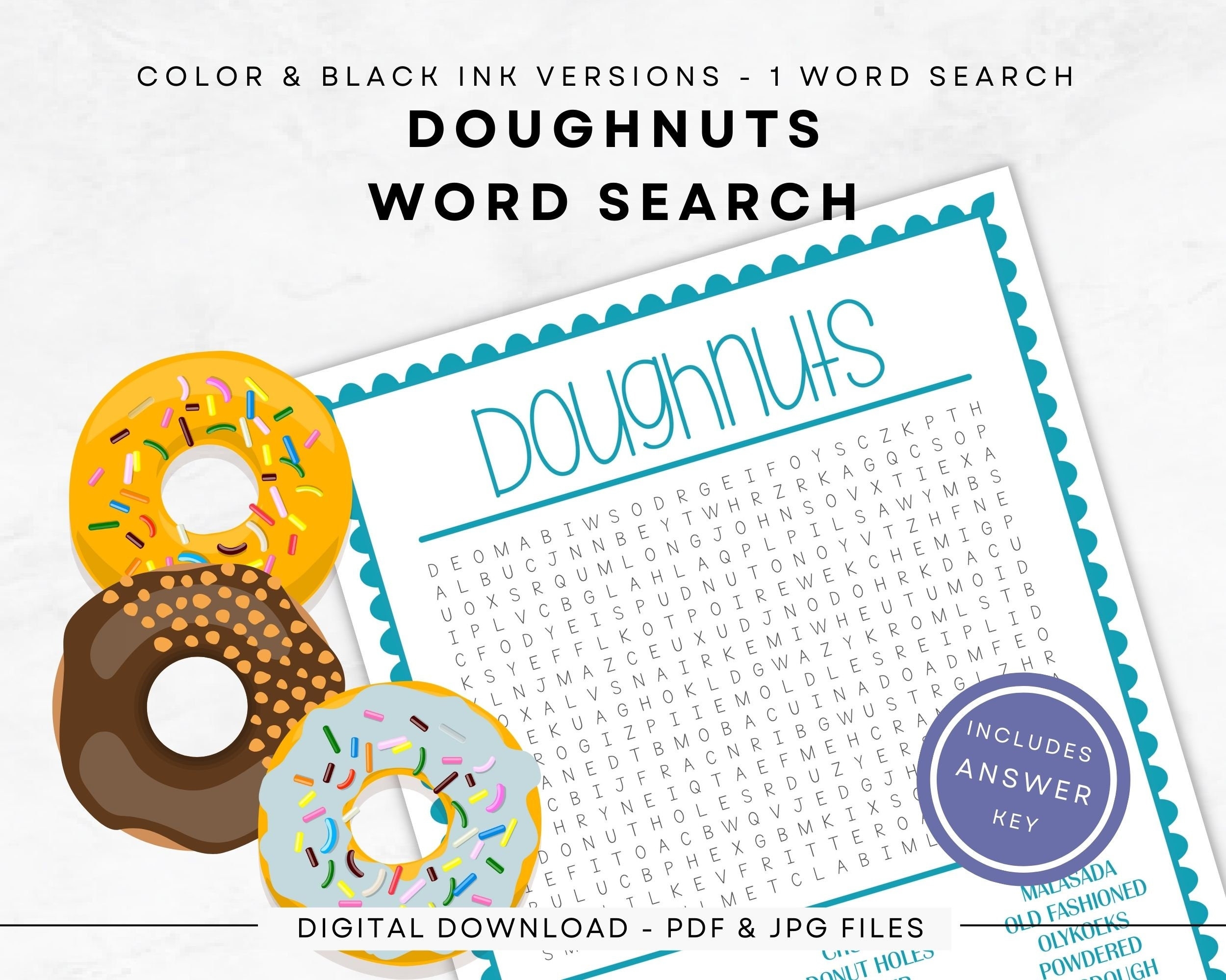 Doughnuts Word Search Instant Download Print In Color black Ink US Letter Full half Pages Keep Your Brain Sharp With Puzzles Etsy