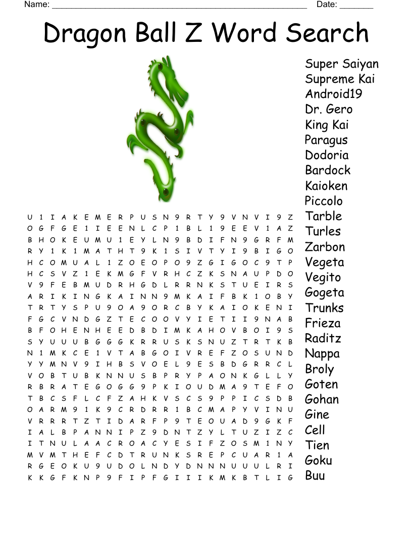 Dragon Ball Z Word Search WordMint