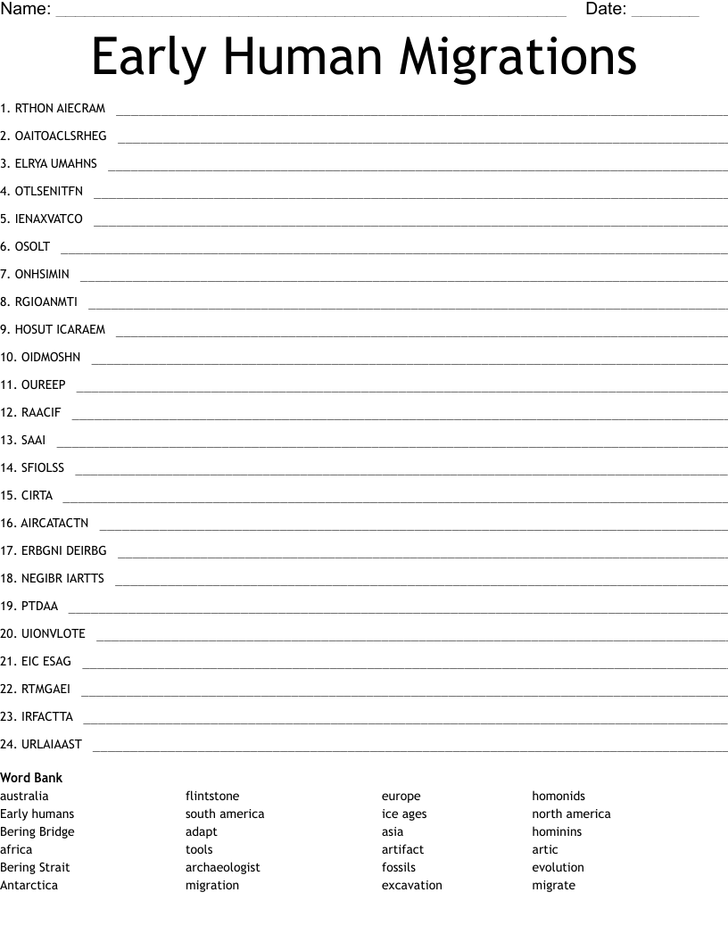 Printable Early Humans Word Search