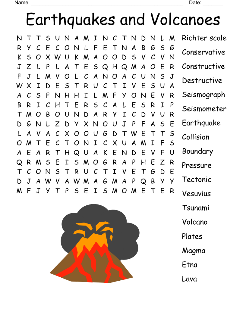 Earthquakes And Volcanoes Word Search WordMint