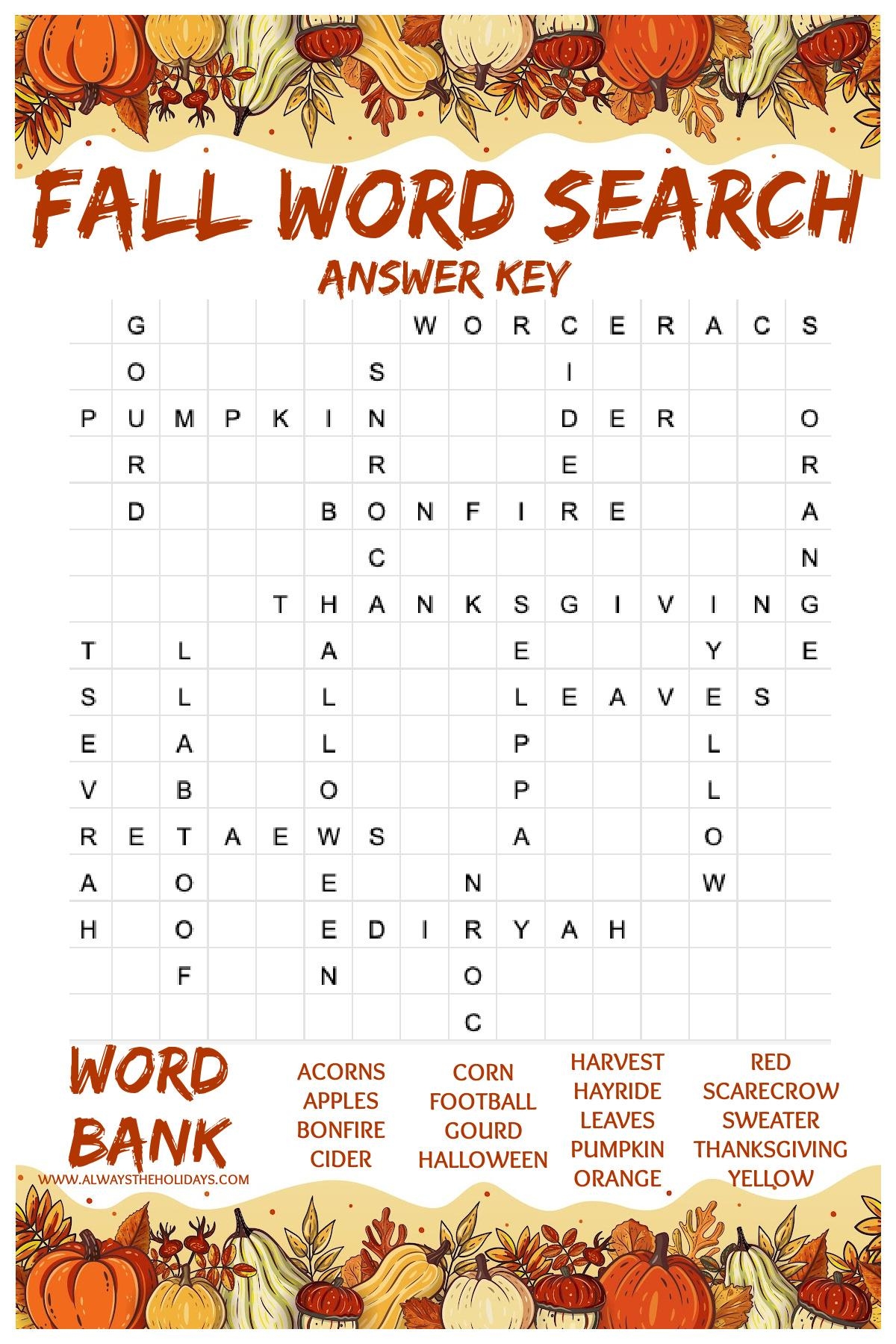 Fall Word Search Hard Printable