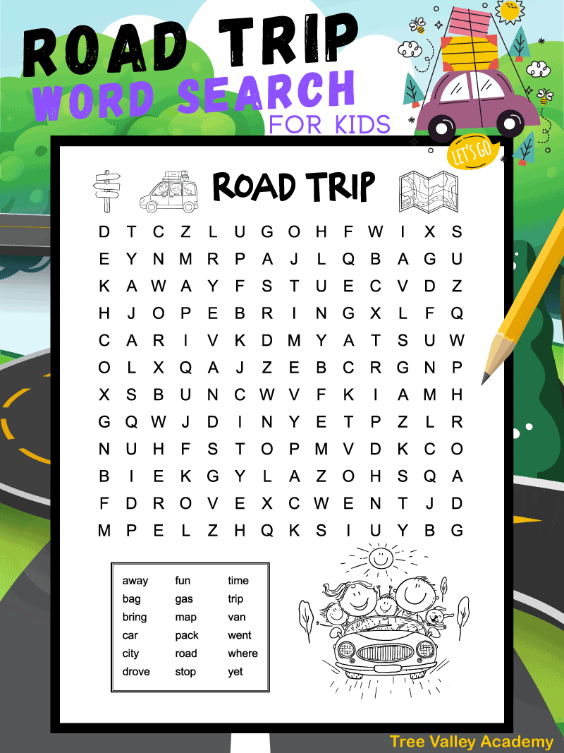 Easy Road Trip Word Search For Kids Tree Valley Academy