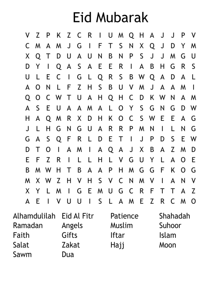Eid Mubarak Word Search WordMint