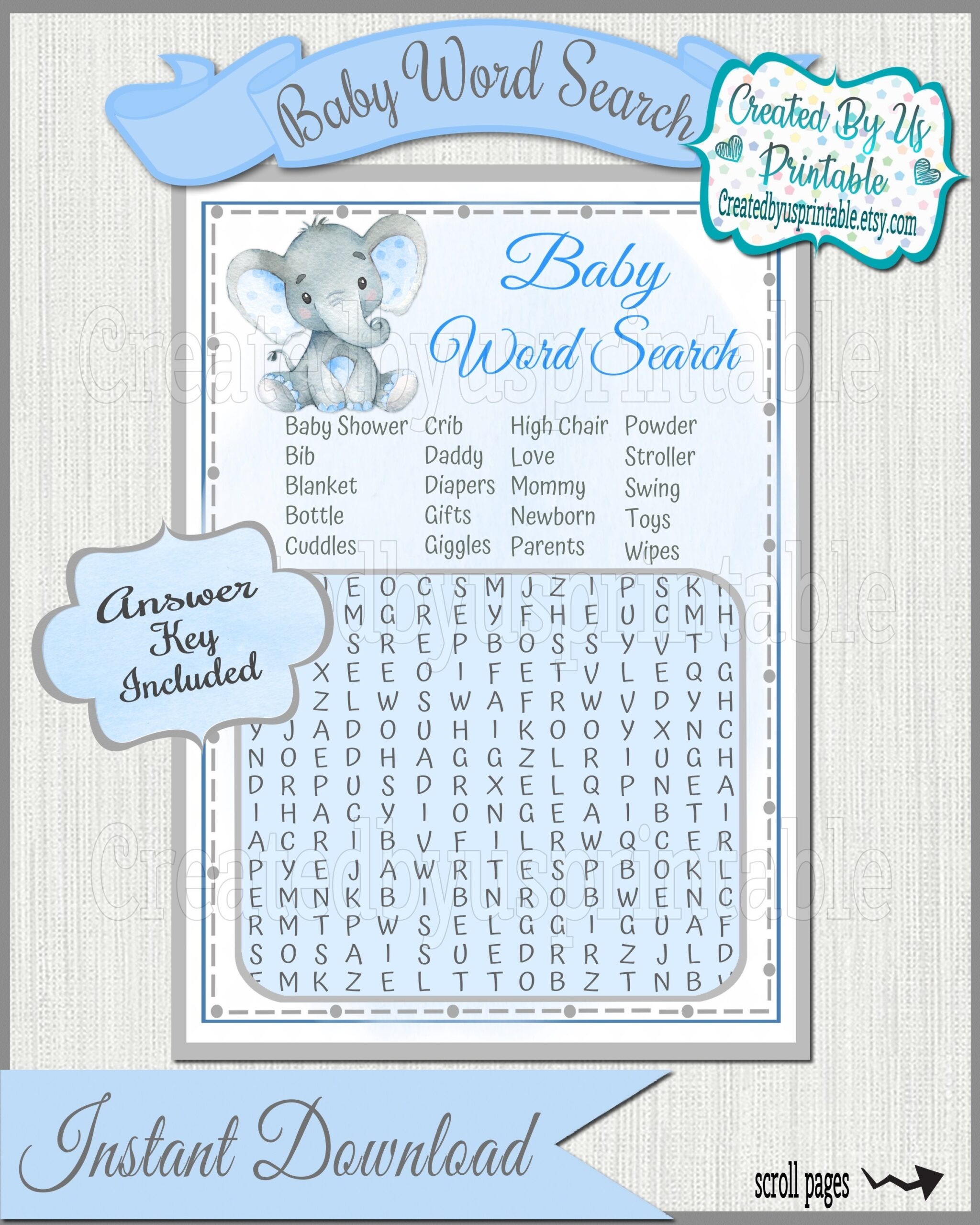 Elephant Baby Shower Game Boy Elephant Word Search Game Cards 