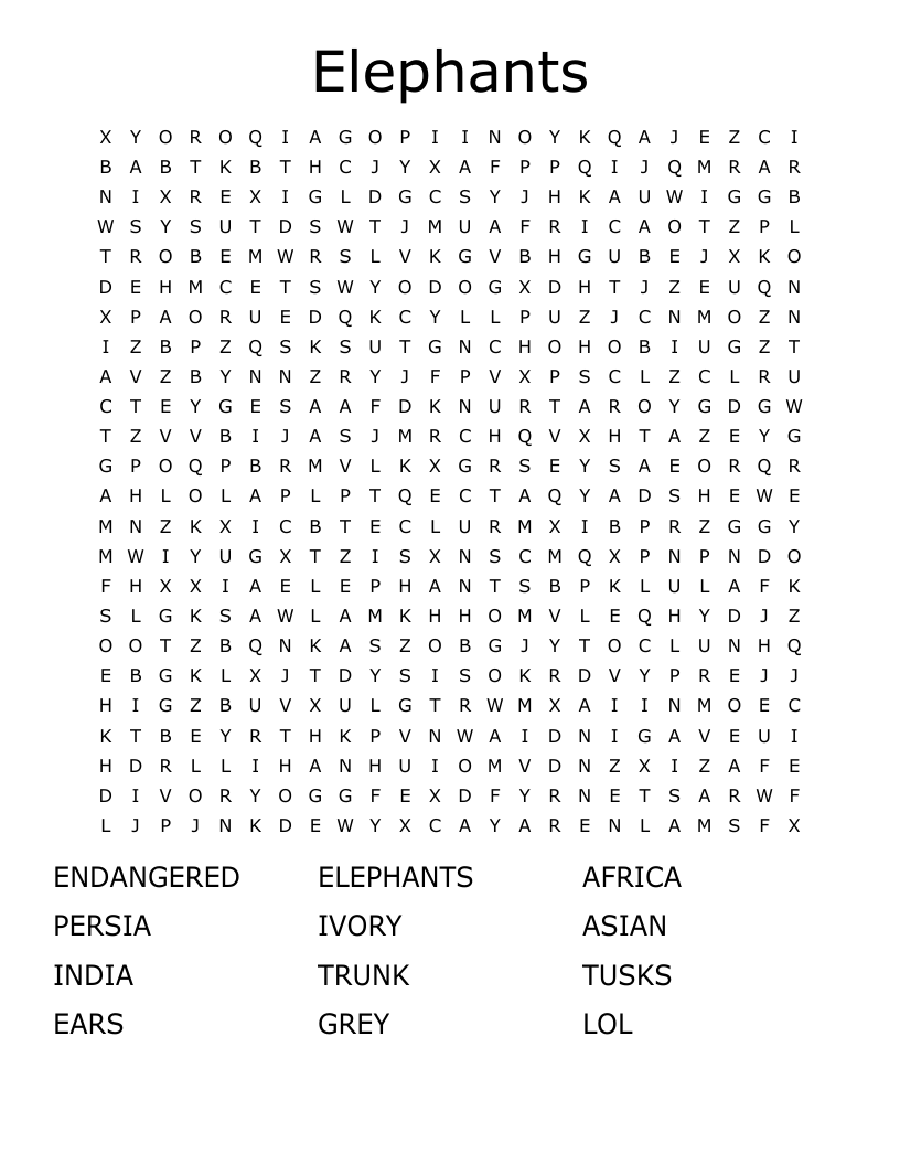 Elephants Word Search WordMint