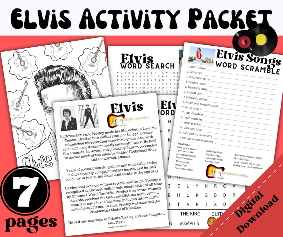 Elvis Activity Packet Elvis Activities Elvis Puzzles Elvis Coloring Elvis Biography Elvis Download Senior Activities Etsy