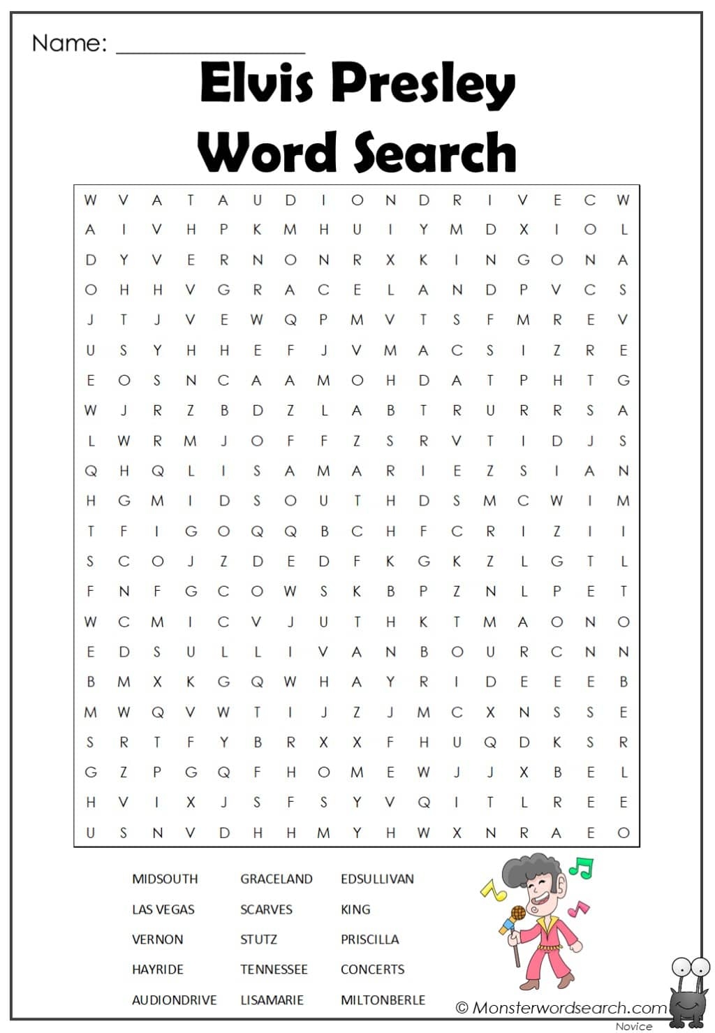 Elvis Presley Word Search Monster Word Search