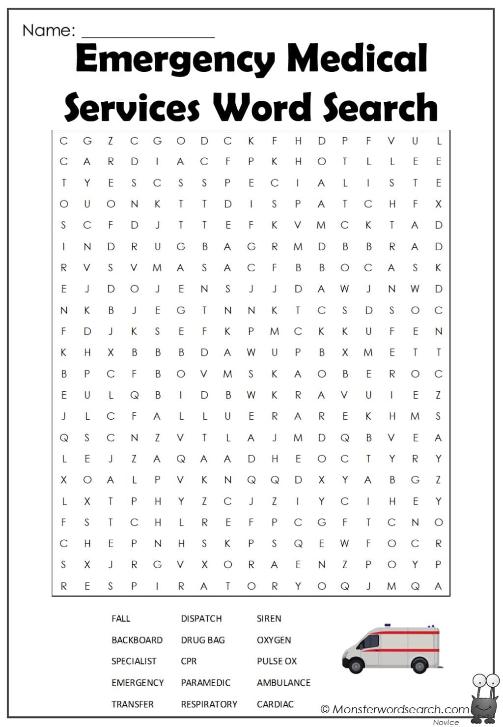 Emergency Medical Services Word Search Monster Word Search