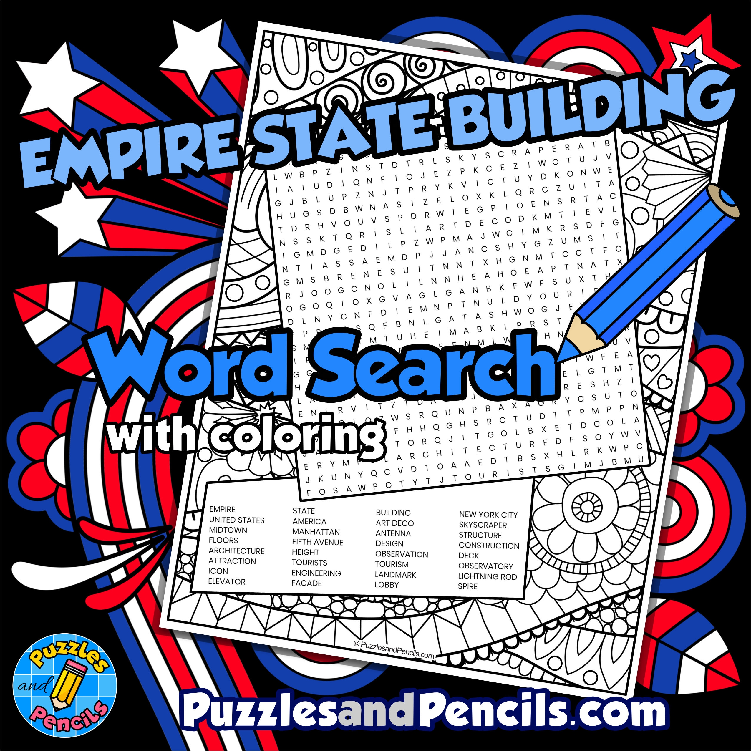 Empire State Building Word Search Puzzle With Coloring US 