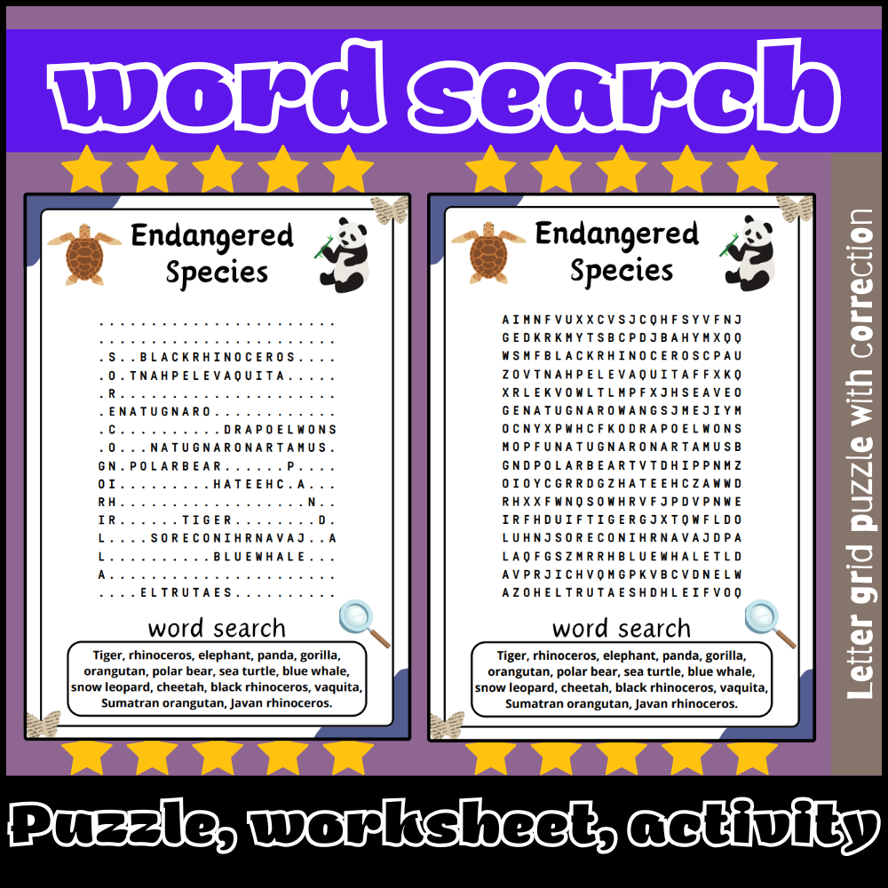 Endangered Species Word Search Puzzle Worksheet Activity Made 