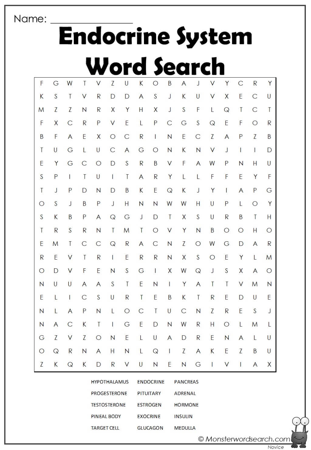 Endocrine System Word Search Monster Word Search Endocrine System Word Search Monster Word Search