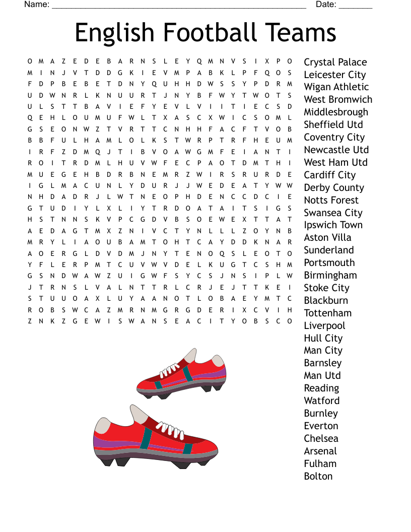 English Football Teams Word Search WordMint