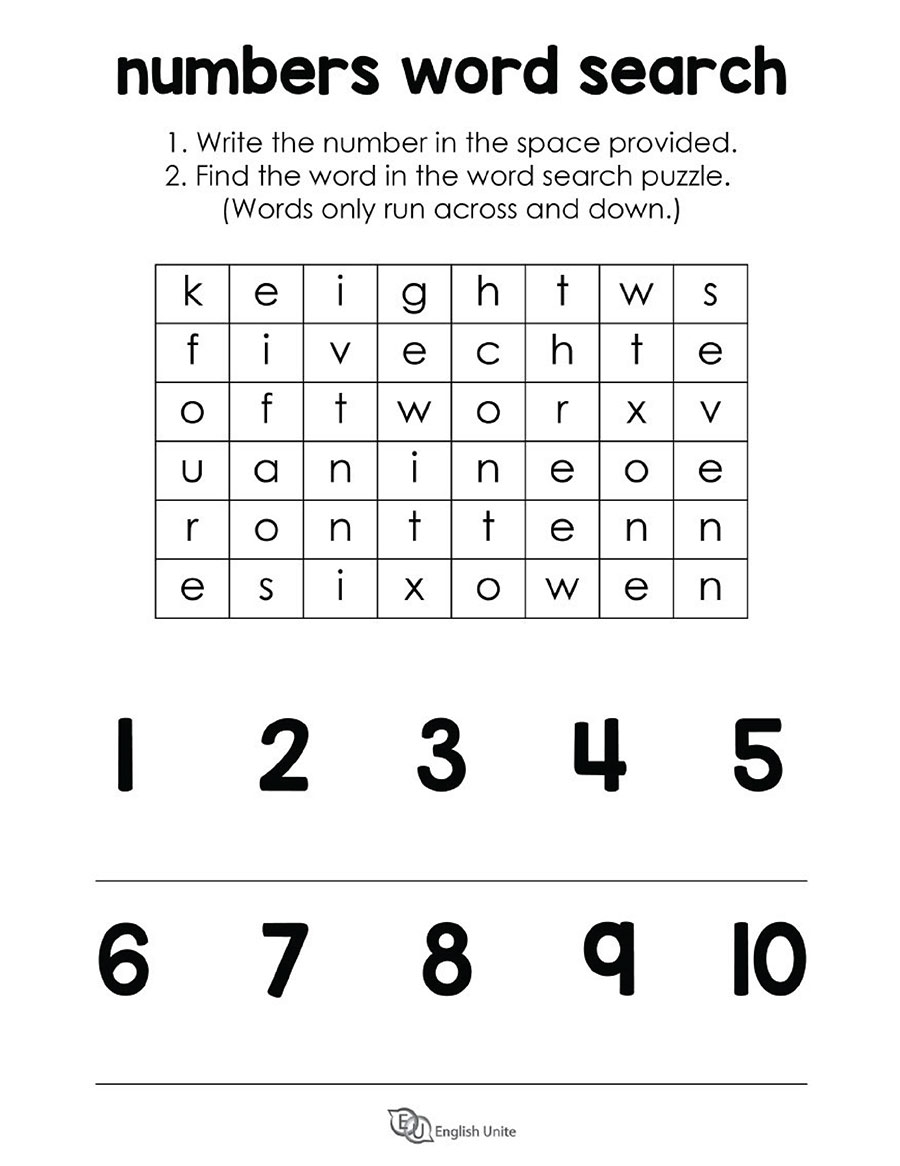 English Unite Numbers 1 10 Word Search Puzzle