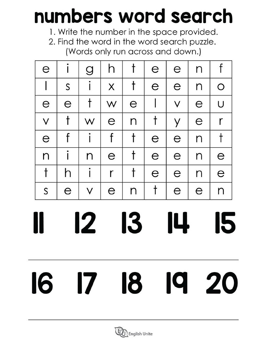 English Unite Numbers 11 20 Word Search Puzzle English Unite Numbers 11 20 Word Search Puzzle