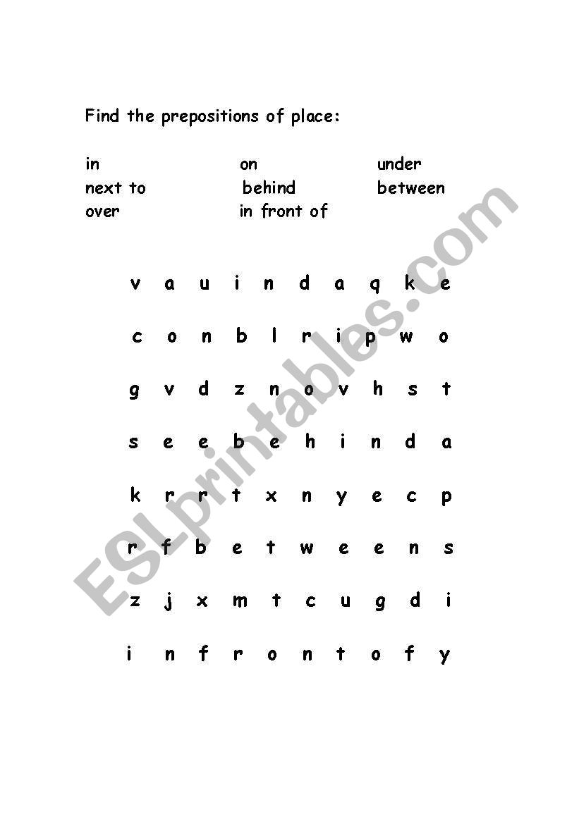 Prepositions Word Search Printable