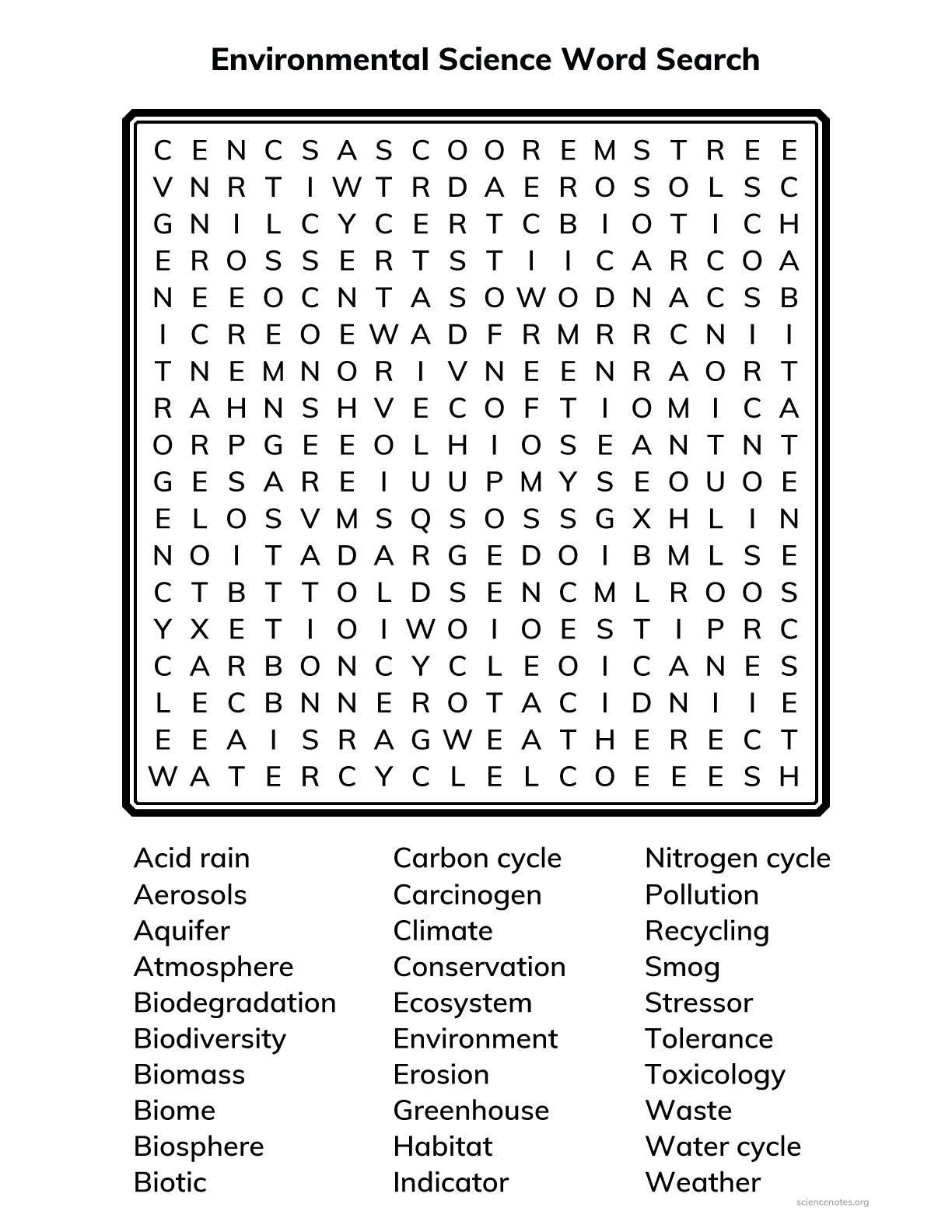 Environmental Science Word Search Environmental Science Word Search