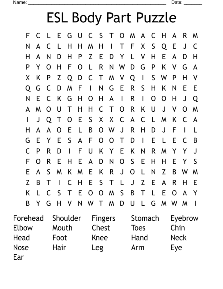 ESL Body Part Puzzle Word Search WordMint