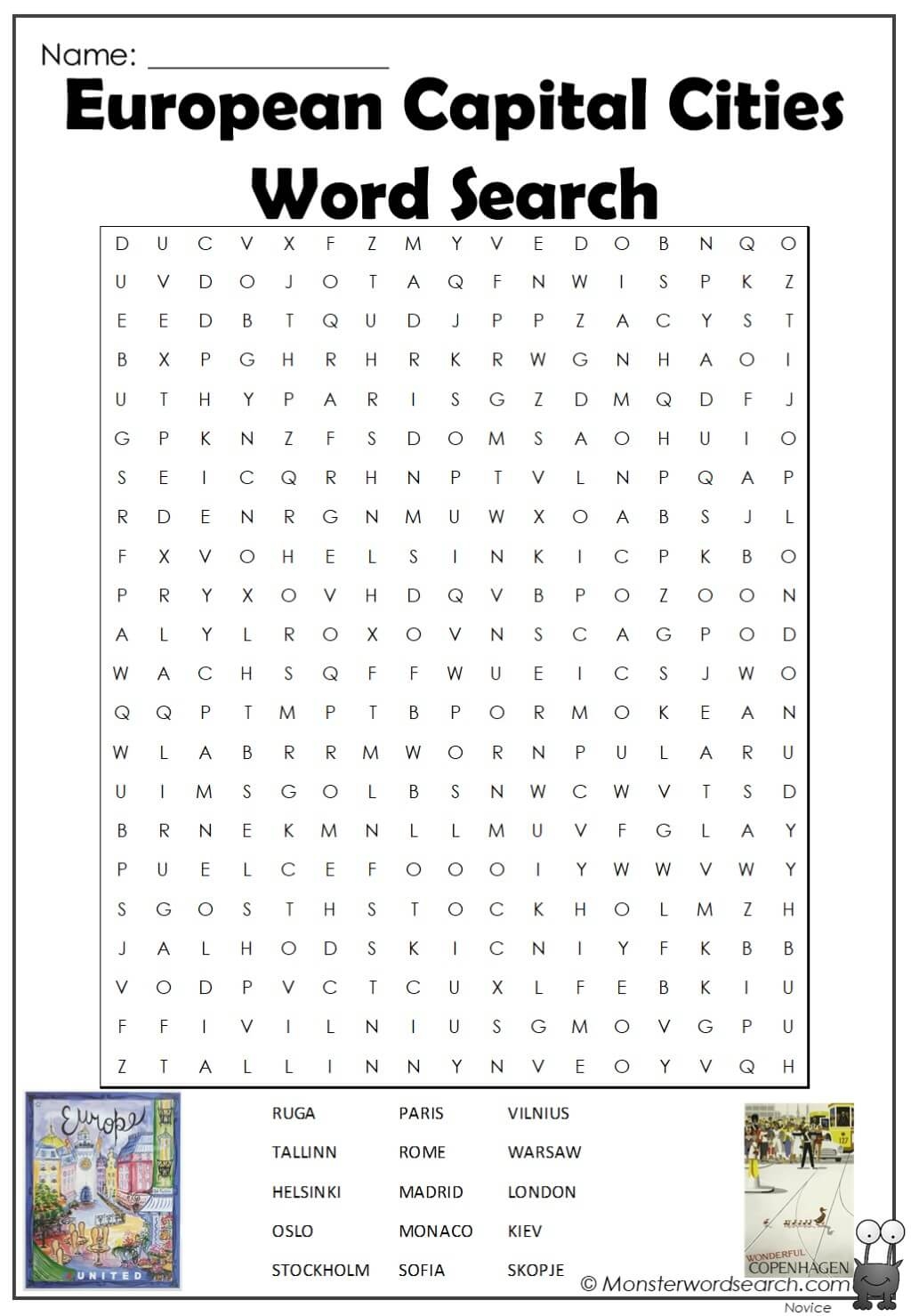 European Capital Cities Word Search Monster Word Search