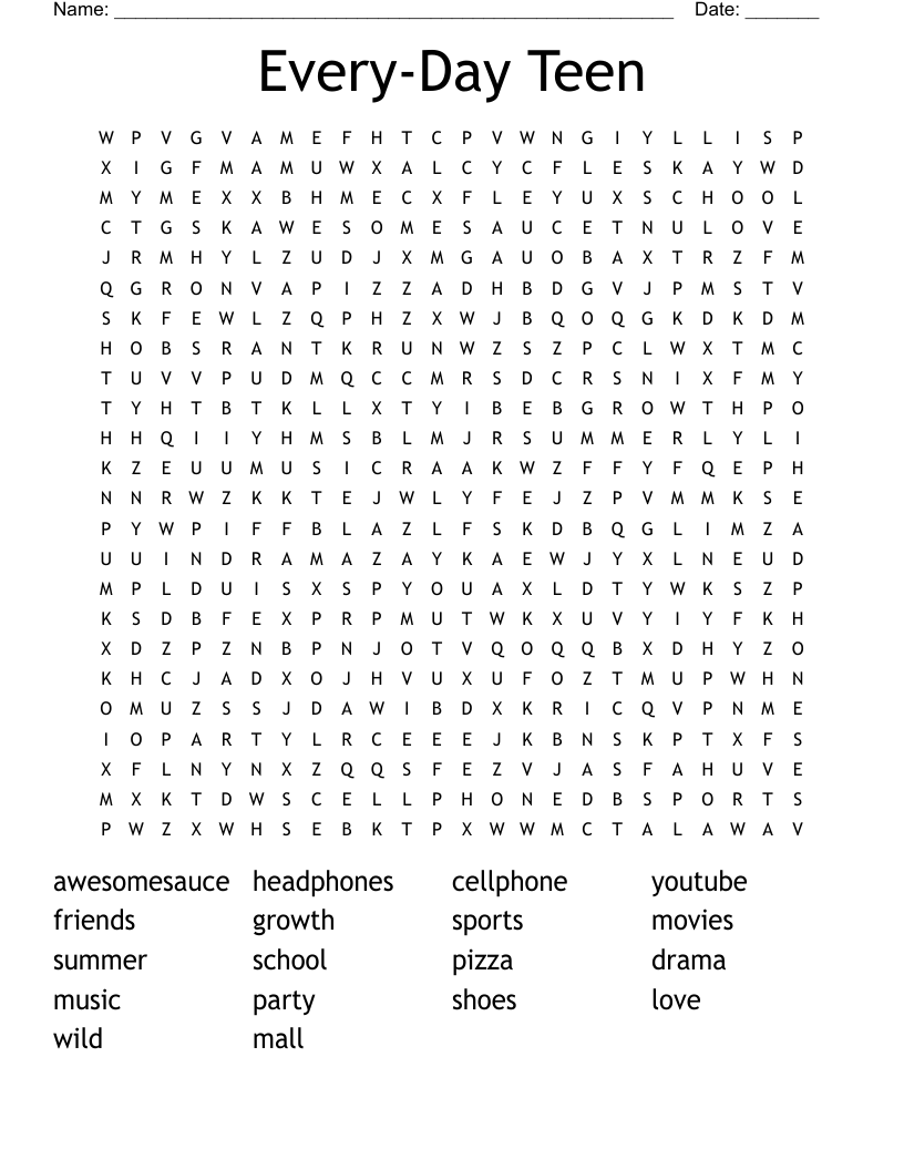 Printable Word Search Teenager