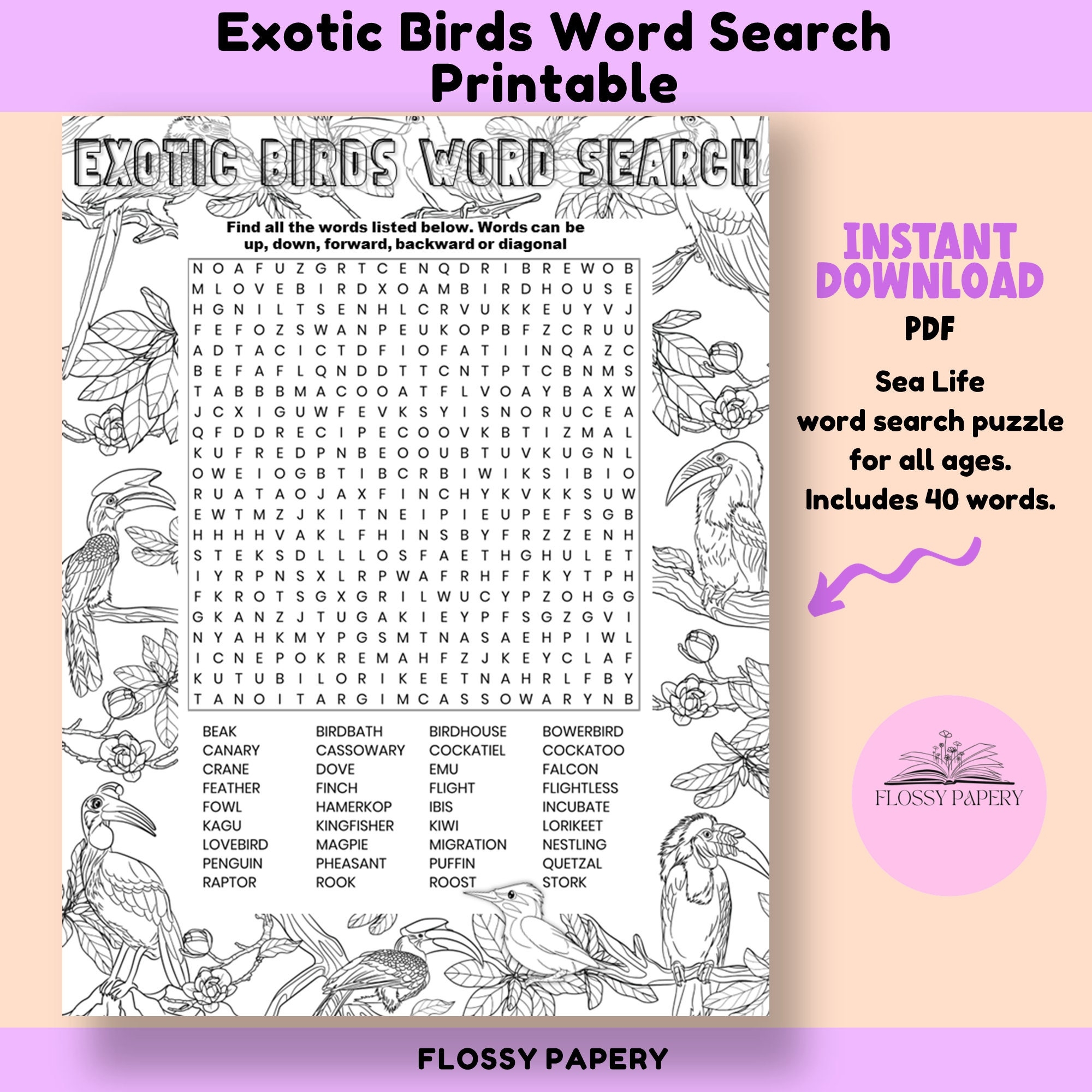 Exotic Birds Word Search Etsy