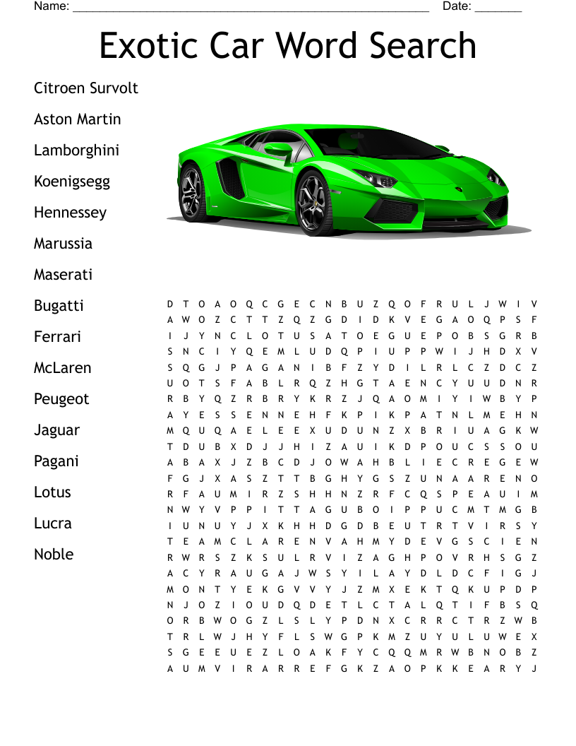 Exotic Car Word Search WordMint
