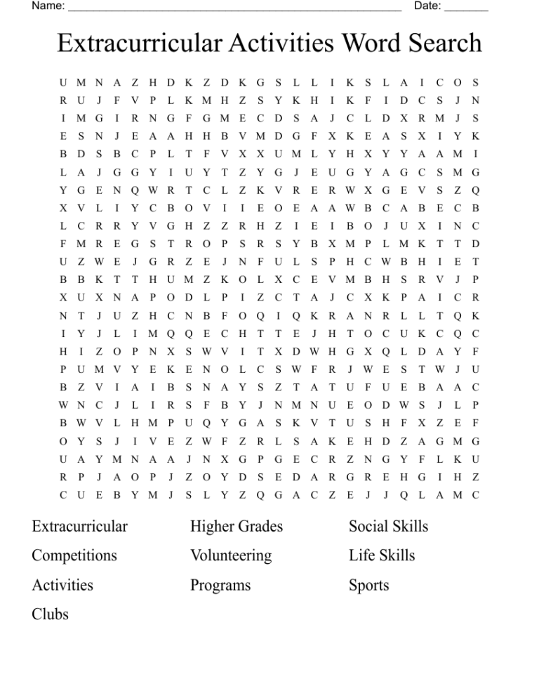Extracurricular Activities Word Search WordMint